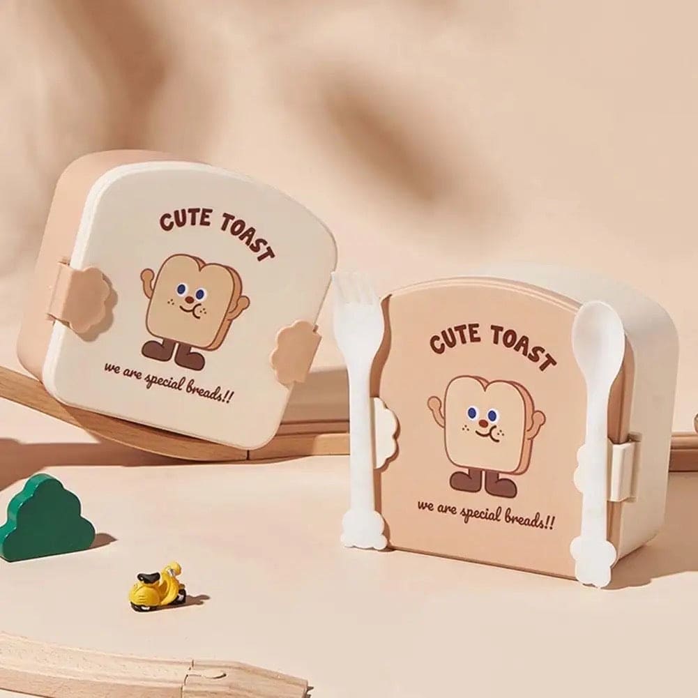 Square Toast Lunch Box, Plastic Partition Bento Box with Lid, Kids School Lunch Box, Snack Food Storage Container, 3 Grids Lunch Box with Cutlery, Cartoon Toast Pattern Students Bento Case for School Office