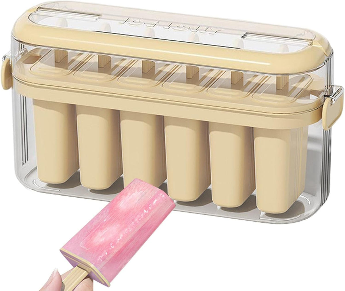 6 Cavity Silicone Popsicle Maker with Storage Box, Reusable Frozen Fruit Ice Pop Maker, Portable Ice Cream Mold with Lid and Handle