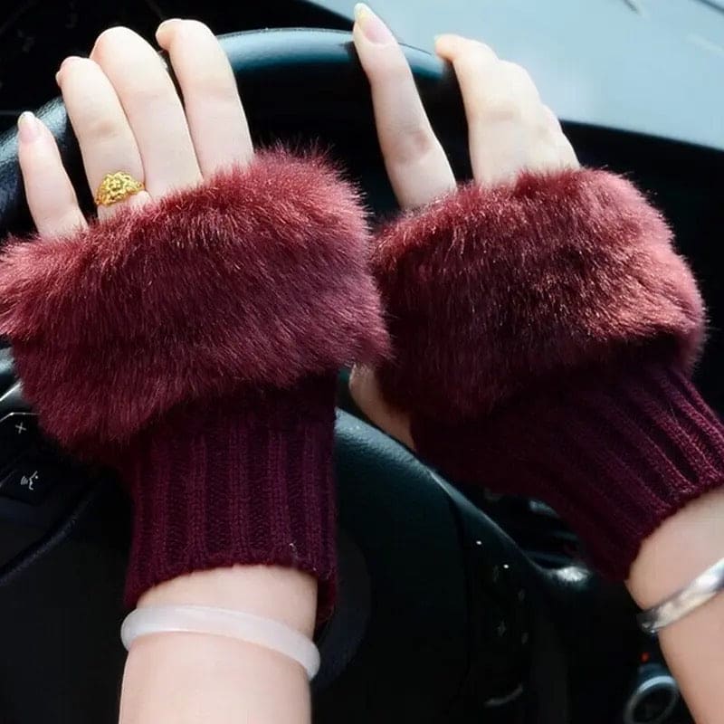 Fingerless Winter Gloves, Rabbit Fur Mitten Gloves, Faux Fur Fluffy Winter Gloves, Woolen Crochet Knitted Wrist Warmer Glove, Winter Half Finger Gloves, Warmer Stylish Gloves