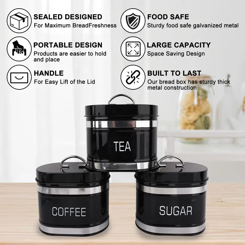 Set Of 4 Bread Bin And Canister Set, Vintage Style Storage Jars, Coffee And Sugar Metal Container, Airtight Storage Box For Bread