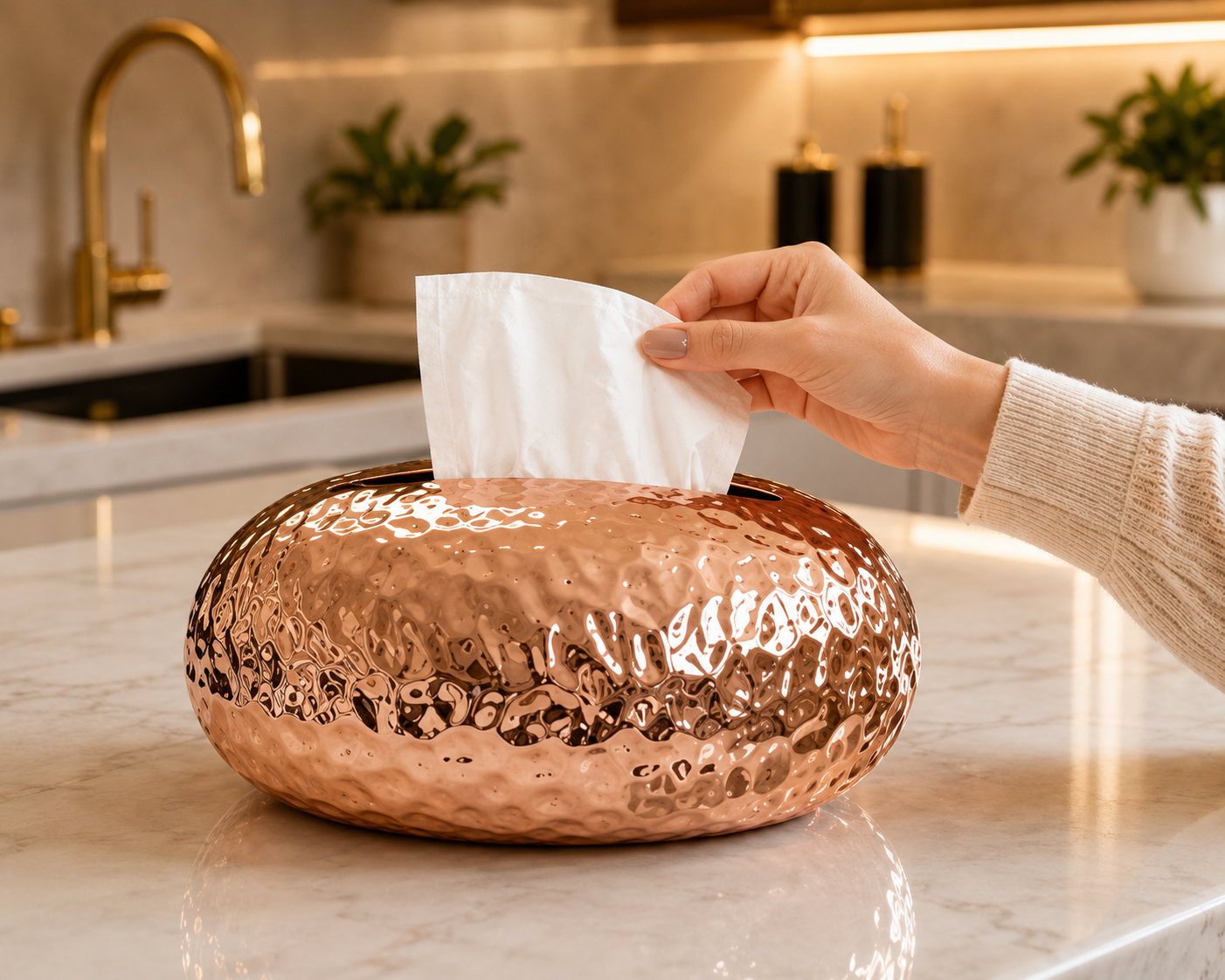 Egg Shape Hammered Tissue Holder, Luxury Pebble Texture Tissue Box, Elegant Metallic Tabletop Tissue Holder