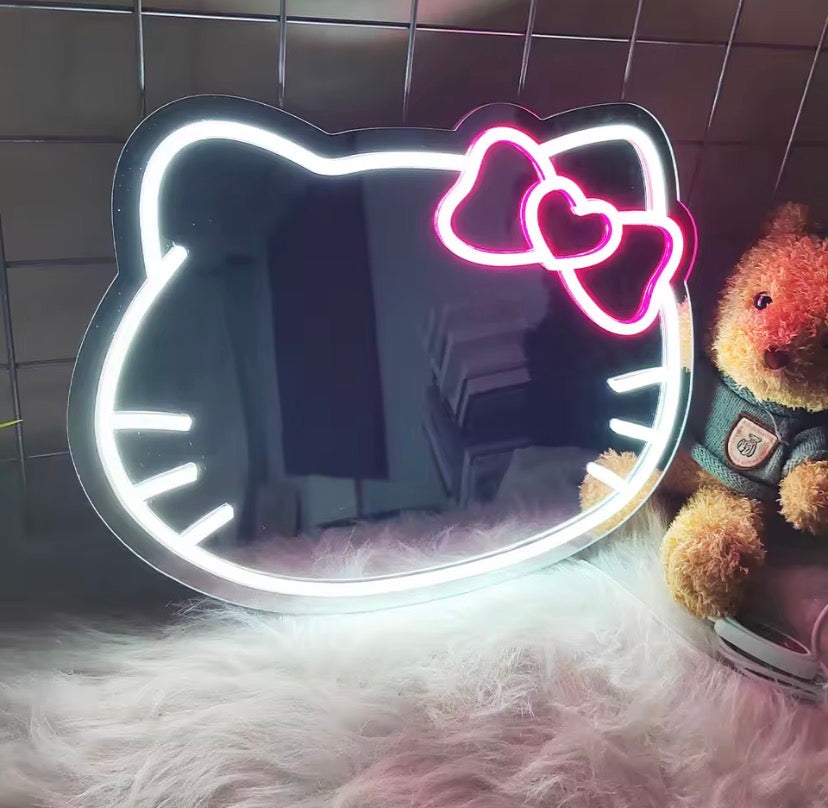 Hello Kitty Vanity Makeup Mirror with Soft Glow Light, Cute Kawaii LED Makeup Mirror, Decorative Hello Kitty LED Vanity Mirror, Kawaii Desktop LED Mirror with Cute Bow Design
