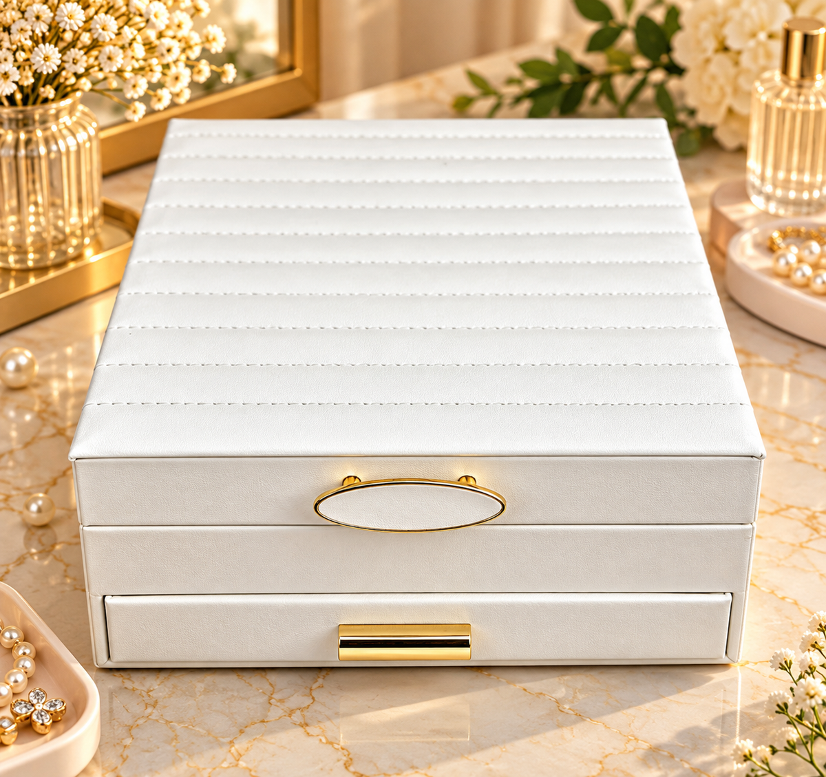Multi Compartment Jewelry Organizer Case, Elegant Jewelry Storage Box with Gold Handles, Jewelry Organizer Box with Necklace Holder & Storage Drawers