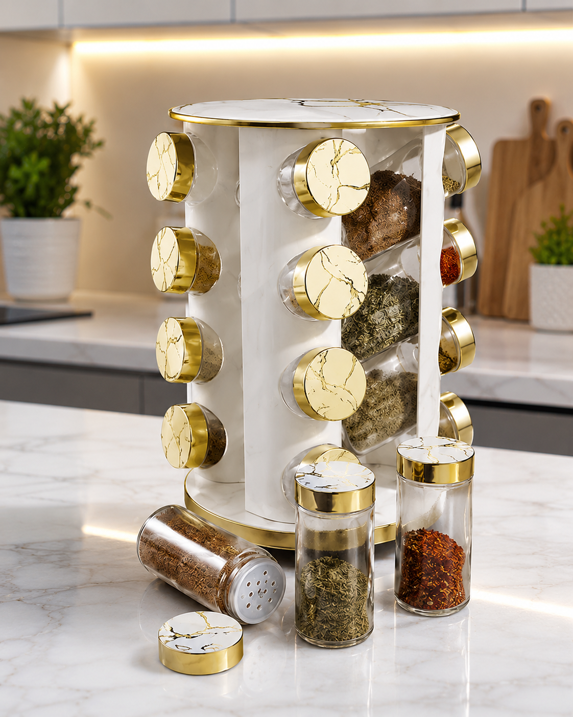 Marble Finish Spice Jar Stand, Modern Rotating Seasoning Organizer, Gold Marble Spice Storage Tower