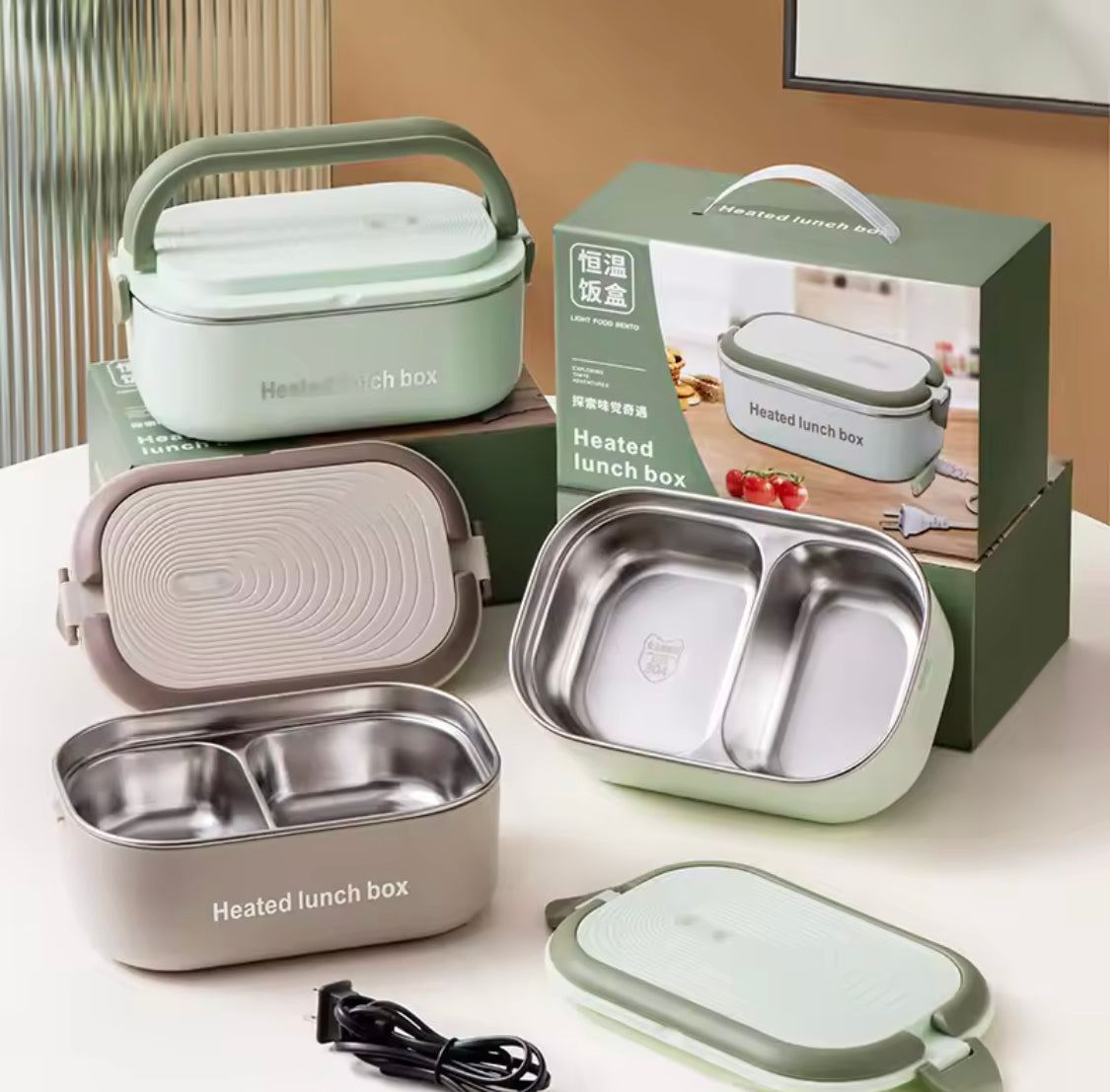 Stainless Steel Electric Lunch Box, Portable Insulated Electric Lunchbox, 2 Compartment Plug In Lunchbox