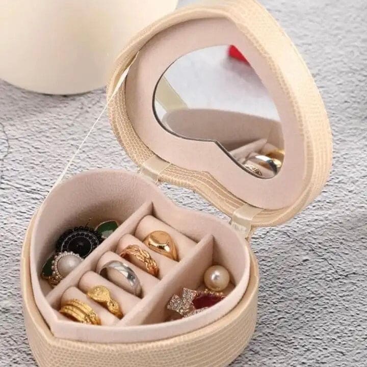 Faux Leather Heart Jewellery Box With Mirror, Portable Jewellery Organizer Case with Mirror for Earrings Rings Necklaces, Mini Travel Jewellery Box Storage Organizer