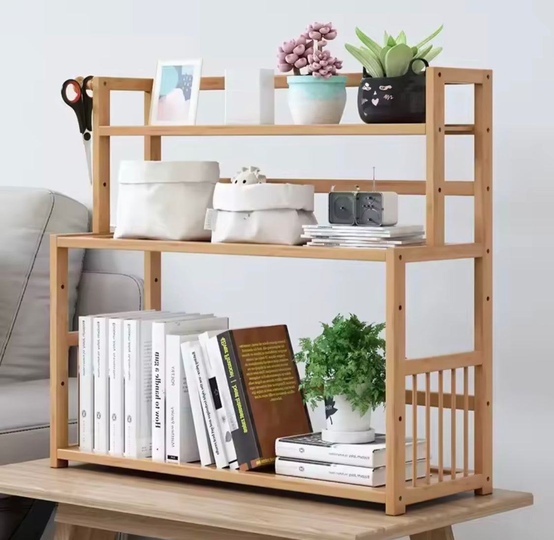 Multi Tier Wooden Bookshelf Organizer, Multifunctional Kitchen Storage Rack, Desktop Sundries Stationery Organizer