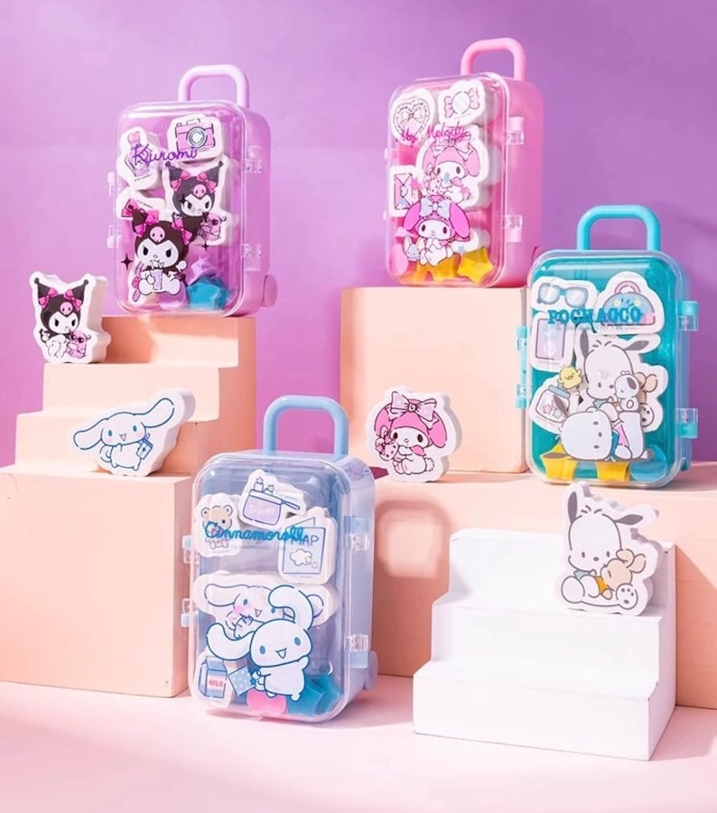 Cute Kawaii cartoon Rubber Eraser Suitcase Toy, 4pcs Suitcase Style Eraser Set, School Kids Eraser Set