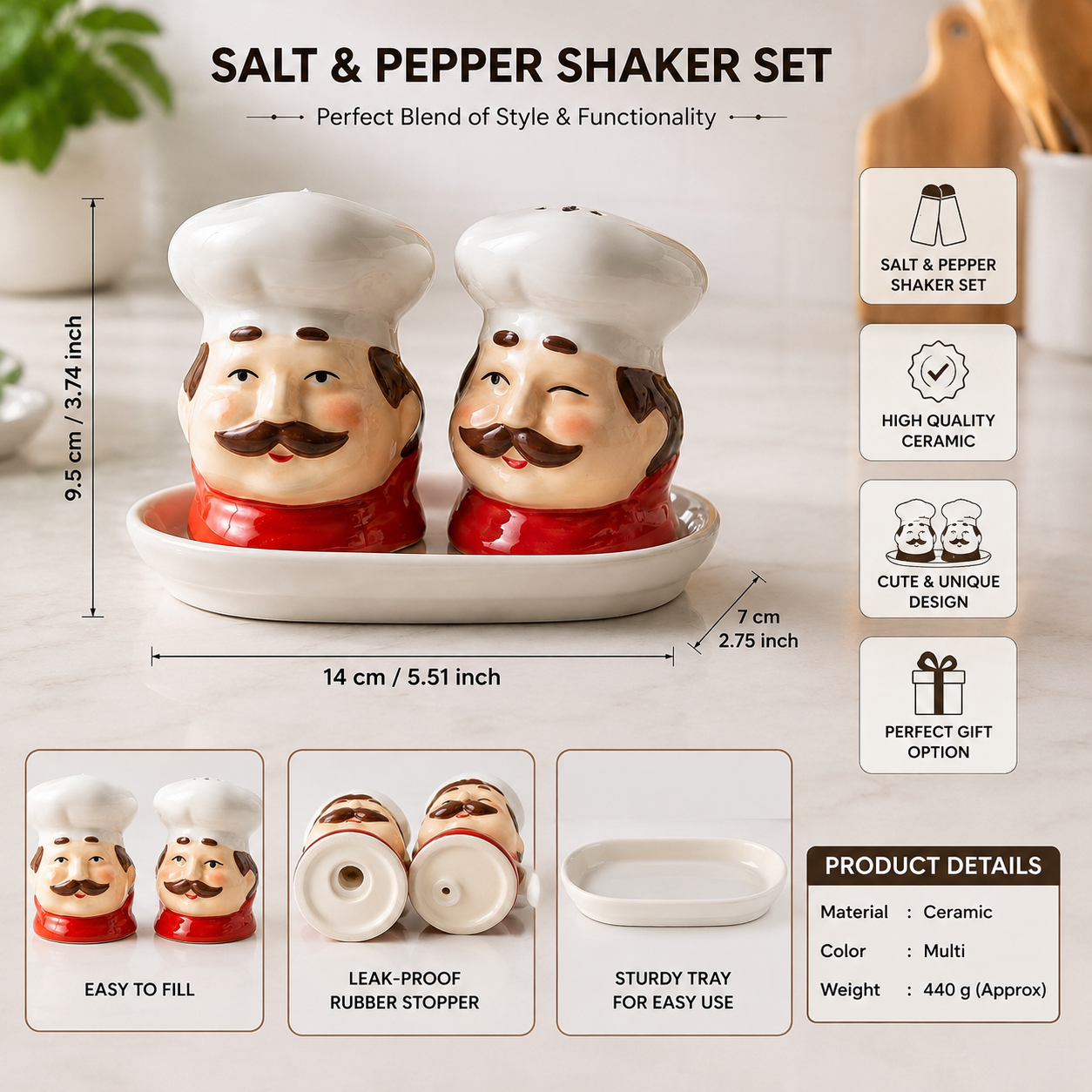 Ceramic Chef Salt And Pepper Shaker Set, 2pcs Kitchen Seasoning Set with Serving Tray