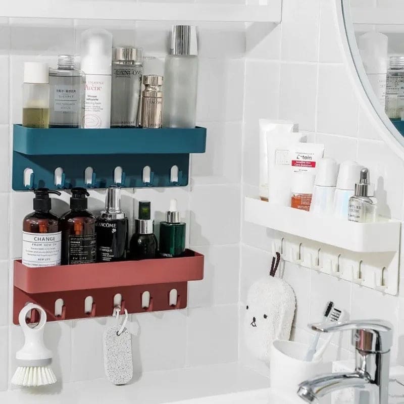 Shower Caddy Basket With Hooks, Wall Mounted Floating Shelf, Multipurpose Countertop Basket, Bathroom Kitchen Storage Rack, Self Adhesive Storage Rack With Hook, Nordic Kitchen Bathroom Rack
