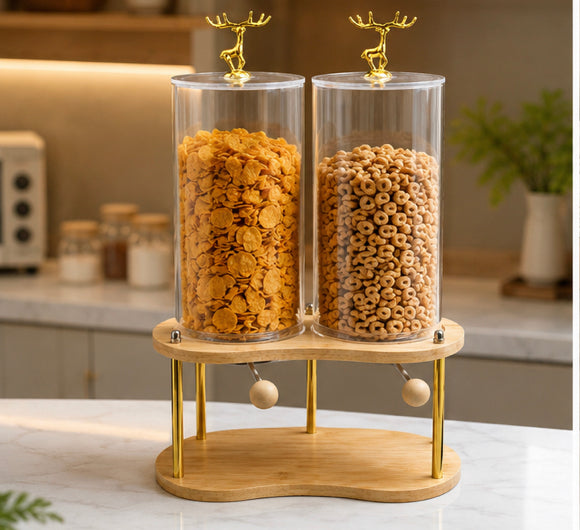 Tabletop Breakfast Cereal Organizer, Royal Deer Cereal Serving Station, Wooden Stand Corn Flakes Dispenser, Elegant Deer Cereal Dispenser