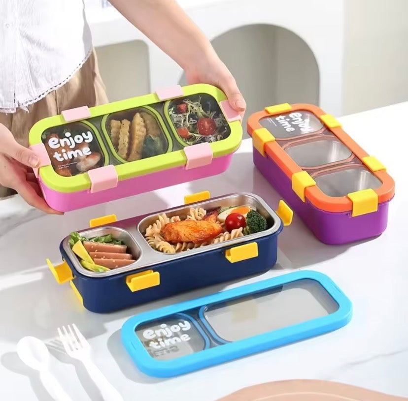 3 Compartments Rectangular Shape Lunch Box, Stainless Steel Kids Thermal Lunch Box, Vacuum Insulated Lunchbox With Spoon And Fork