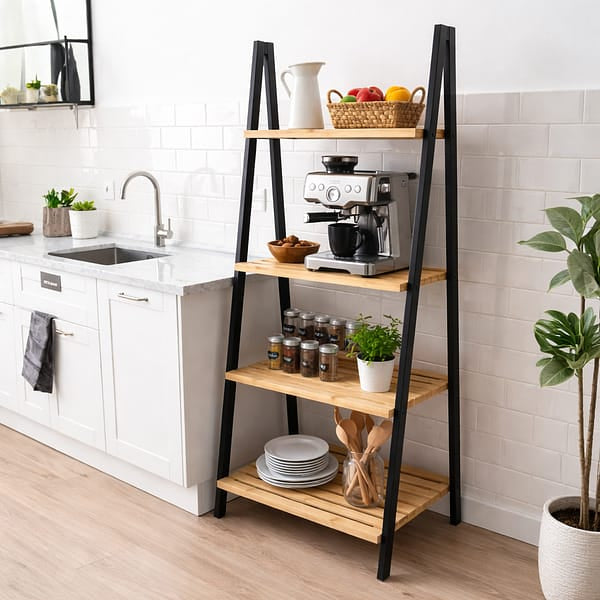 4 Tier Wooden Ladder Storage Shelf, Multi Tier Wooden Display Rack, Wooden Plant Storage Rack, Bamboo Books storage Rack