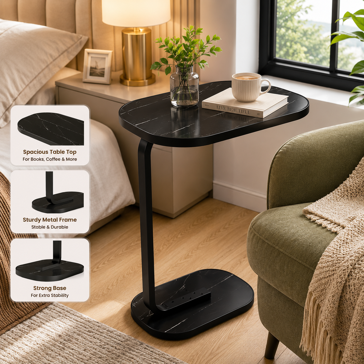 Premium C Shaped Side Table, Portable Bed And Sofa Side Table, Luxury Marble Top Side Table, Compact Laptop Side Table