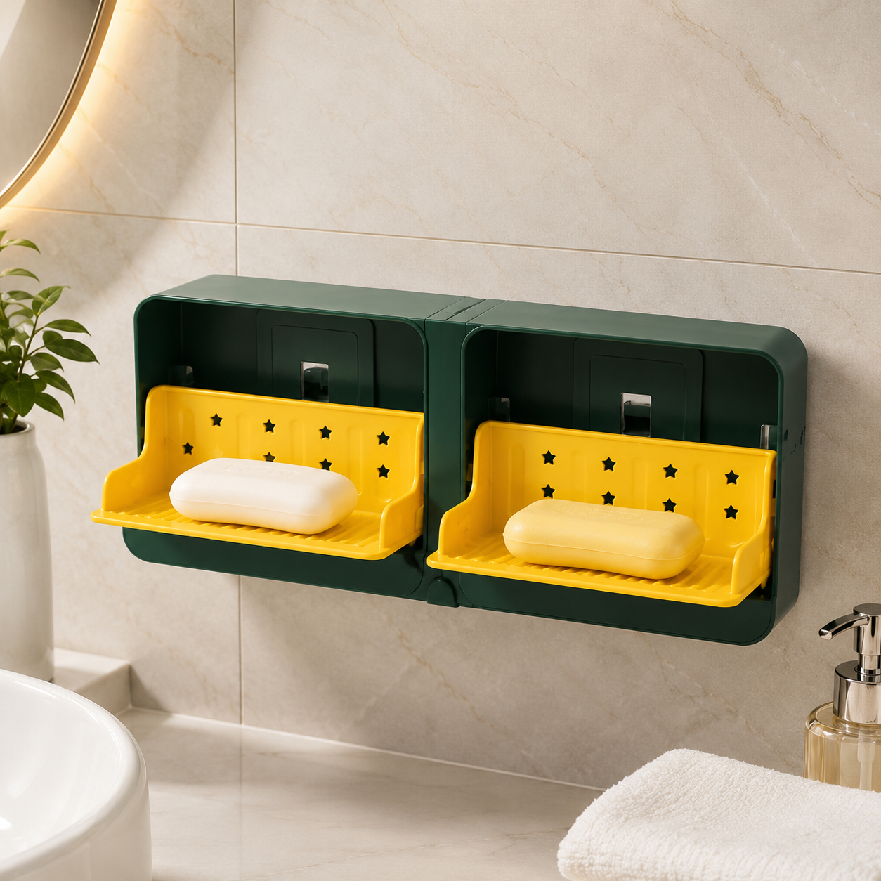 Wall Mounted Double Grid Soap Holder With Drain Tray, Multifunctional Punch Free Vertical Soap Box, Self Adhesive Waterproof Soap Organizer