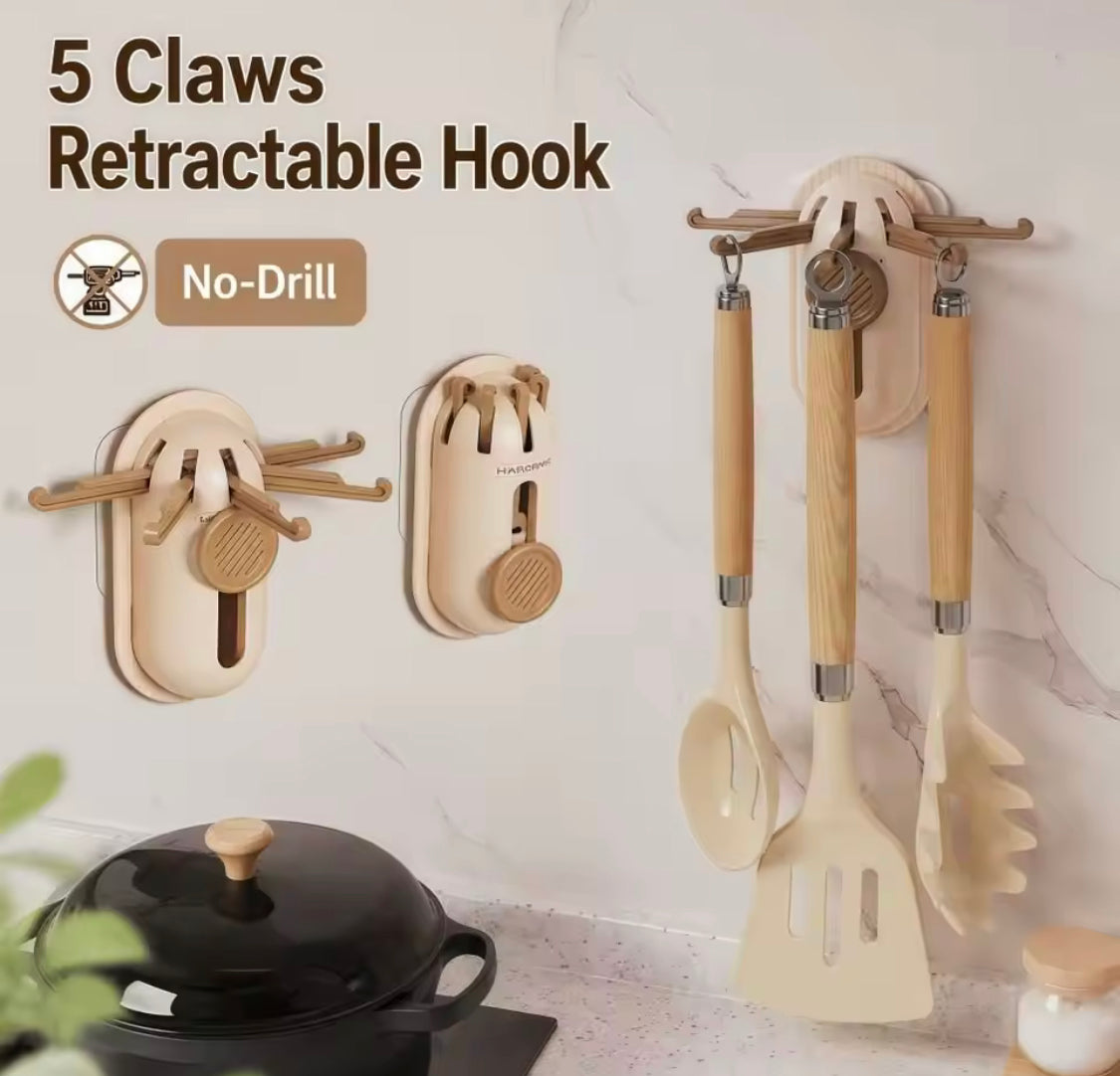 Wall Mounted 5 Claw Telescopic Hook, Multipurpose Durable Wall Hook, Drill Free Kitchen Utensils Hanger, Strong Adhesive Kitchen Utensil Hook, Space Saving Key Holder