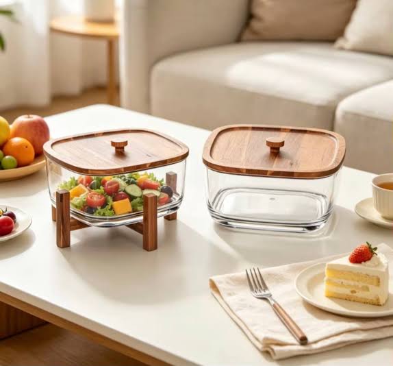 Wooden Stand Glass Salad Bowl, Luxury Glass Salad Serving Bowl With Spoon, Elegant Glass Salad Bowl With Wooden Base
