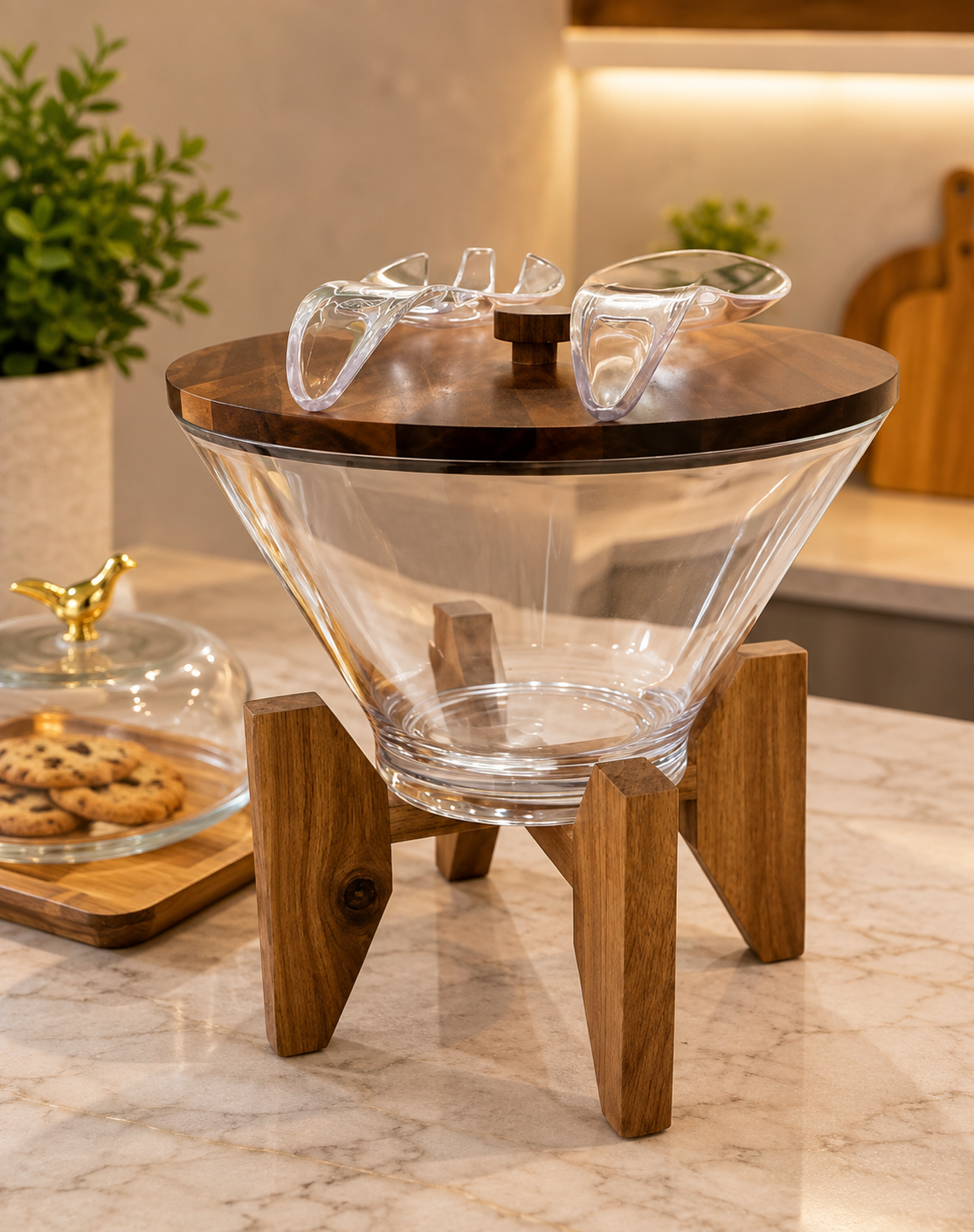 Wooden Stand Glass Snack Bowl, Luxury Glass Nut And Snack Dispenser, Dry Fruit Storage Bowl