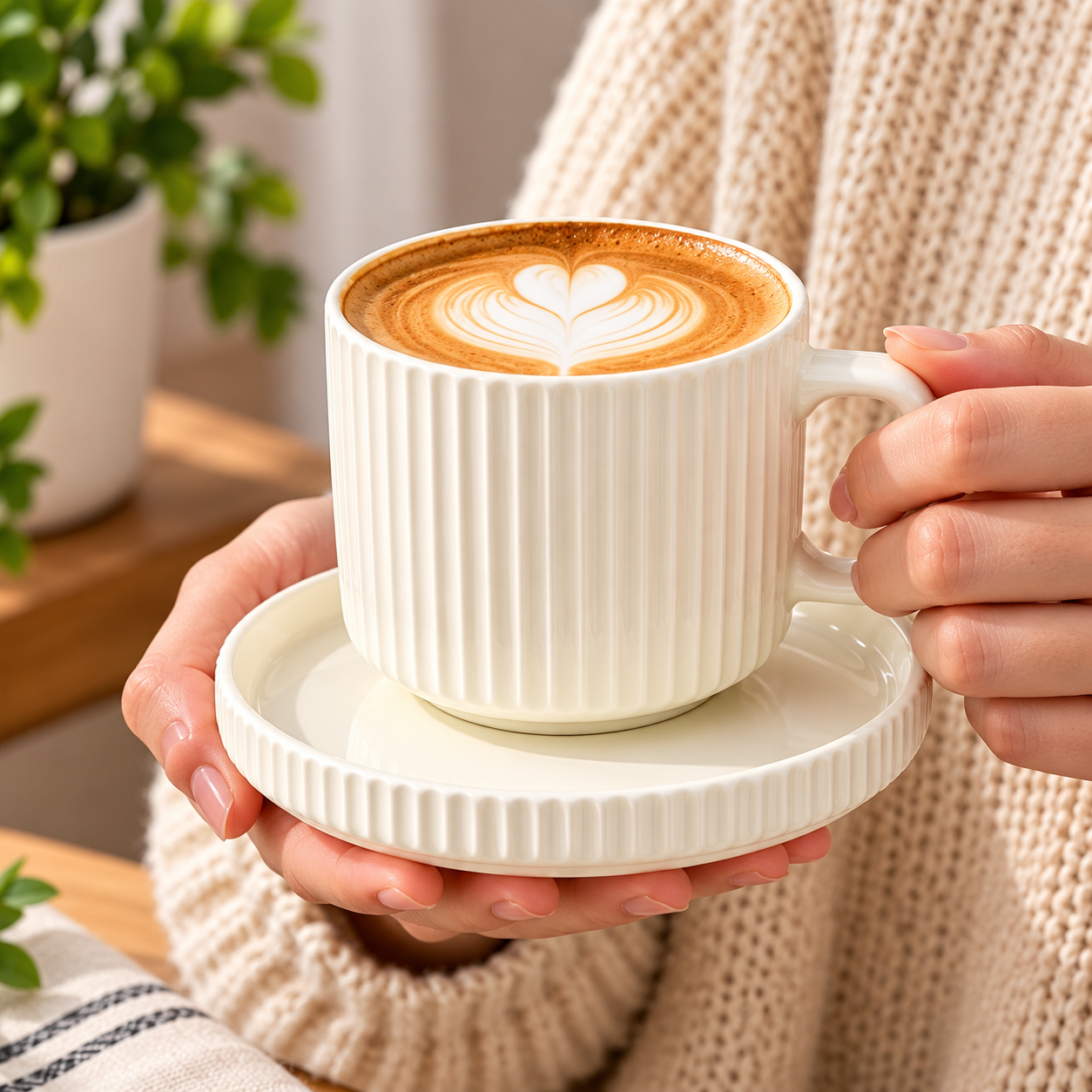 8pcs Ceramic Ribbed Coffee Cup With Saucer Set, Fluted Ceramic Mug with Matching Saucer, Vintage Fluted Cup And Saucer Set