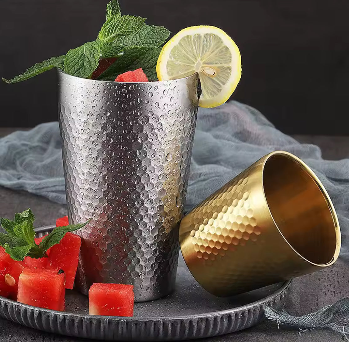 Stainless Steel Hammered Texture Glass, Double Wall Bevarage Glass, Drinkware Party Glass