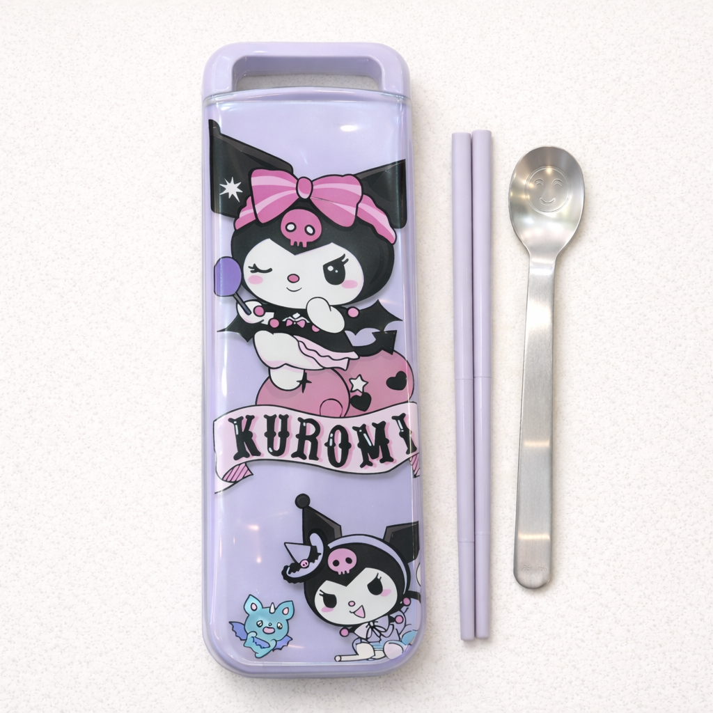 Kuromi Portable Cutlery Set, Travel Spoon & Chopsticks Case, Cute Cartoon Design Cutlery Set
