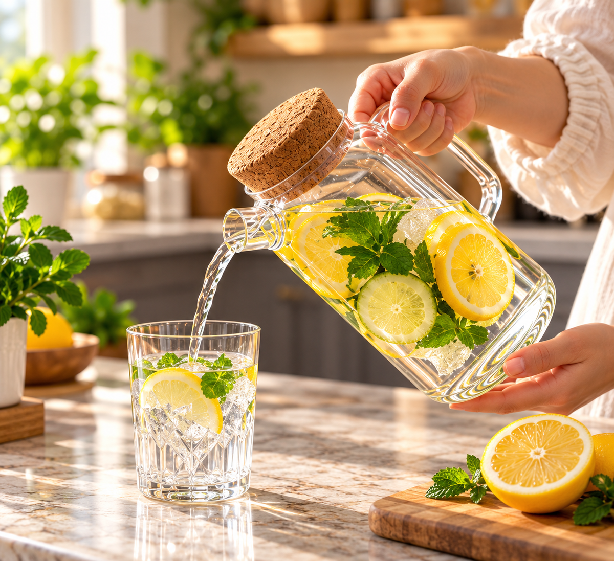 High Borosilicate Glass Water Jug with Cork Lid, Crystal Clear Glass Water Jug, Luxury Glass Juice & Water Pitcher