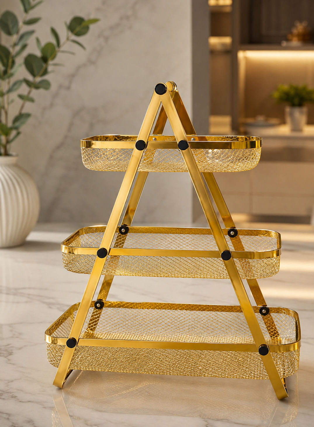 3 Tier Countertop Fruit Organizer Basket, Elegant Gold Display Fruits Basket, Multi Purpose Storage Stand, Imperial Gold Serving Basket Stand