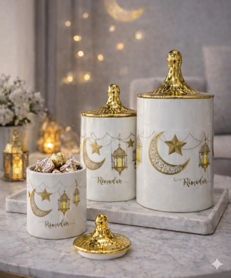 Luxury 3pcs Ramadan Special Dates Jar, Caddy Storage Bottle, Food Organizer Storages Box, Tea Party Serving Jar, Cookie Jar