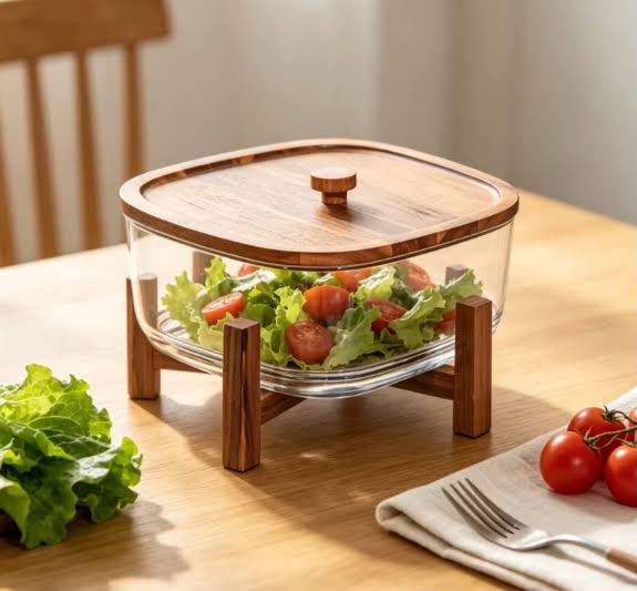 Wooden Stand Glass Salad Bowl, Luxury Glass Salad Serving Bowl With Spoon, Elegant Glass Salad Bowl With Wooden Base