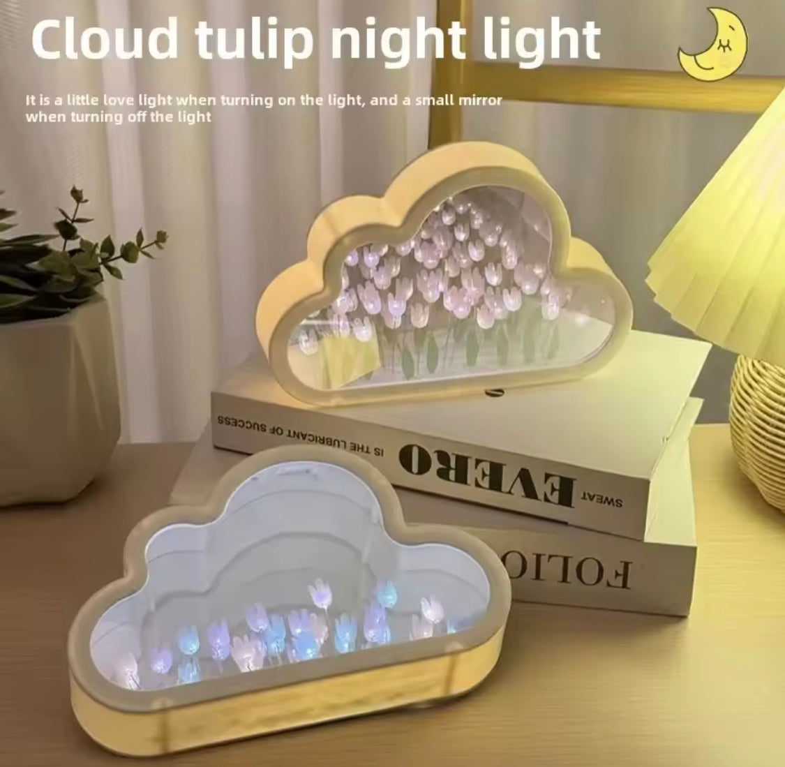 Cloud Shape Tulip Flowers Night Light, Bedroom Decor Mirror Table Lamp, Clouds Tulip Atmosphere Lamp