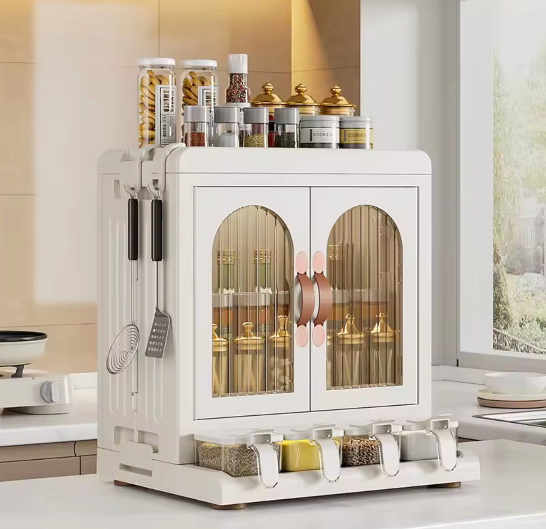 Multifunctional Arched Door Kitchen Organizer with Drawer, Dual Door Kitchen Seasoning Spice Organizer, Kitchen Spice Rack Organizer with Knife Holder & Storage Cabinet, Knife Holder