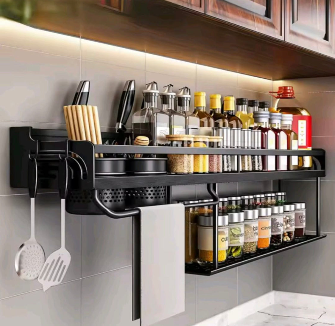 Wall Mounted Spice And Utensil Rack, Double Layer Kitchen Rack, Kitchen Organizer Rack, Spice Organizer Shelf, Kitchen Knife Holder