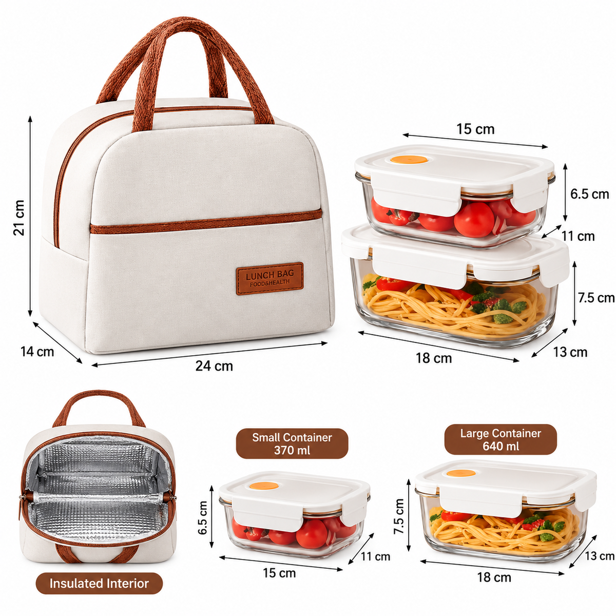 Insulated Lunch Bag with Glass Food Containers, Thermal Lunch Bag with Food Storage Containers, Reusable Lunch Bag And Meal Prep Set