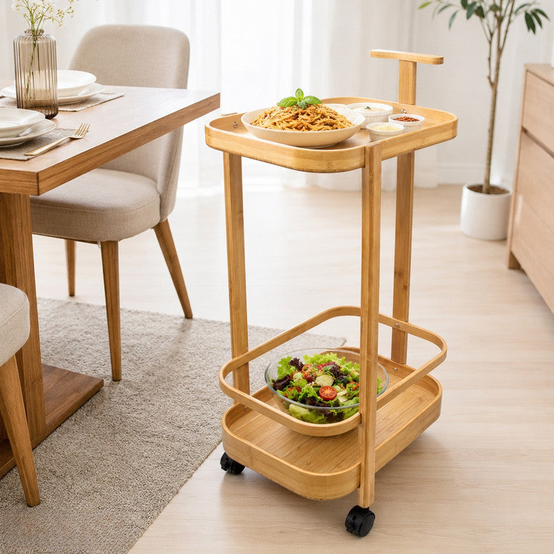 2 Tier Bamboo Rolling Serving Trolley, Multi Purpose Kitchen & Dining Cart, Dining Table Serving Trolley, Wooden Rolling Food Serving Cart