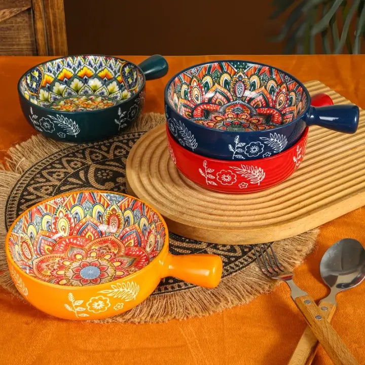 Decorative Ceramic Soup Bowl with Handle, Handcrafted Floral Ceramic Bowl, Colorful Pattern Soup And Ramen Serving Bowl Vintage Floral Ceramic Bowl with Handle