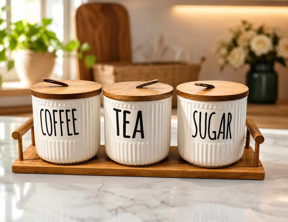 3pcs Ceramic Coffee Tea Sugar Pot Set, Elegant Ceramic Canister Set with Wooden Tray, Classic Ribbed Kitchen Jar Set