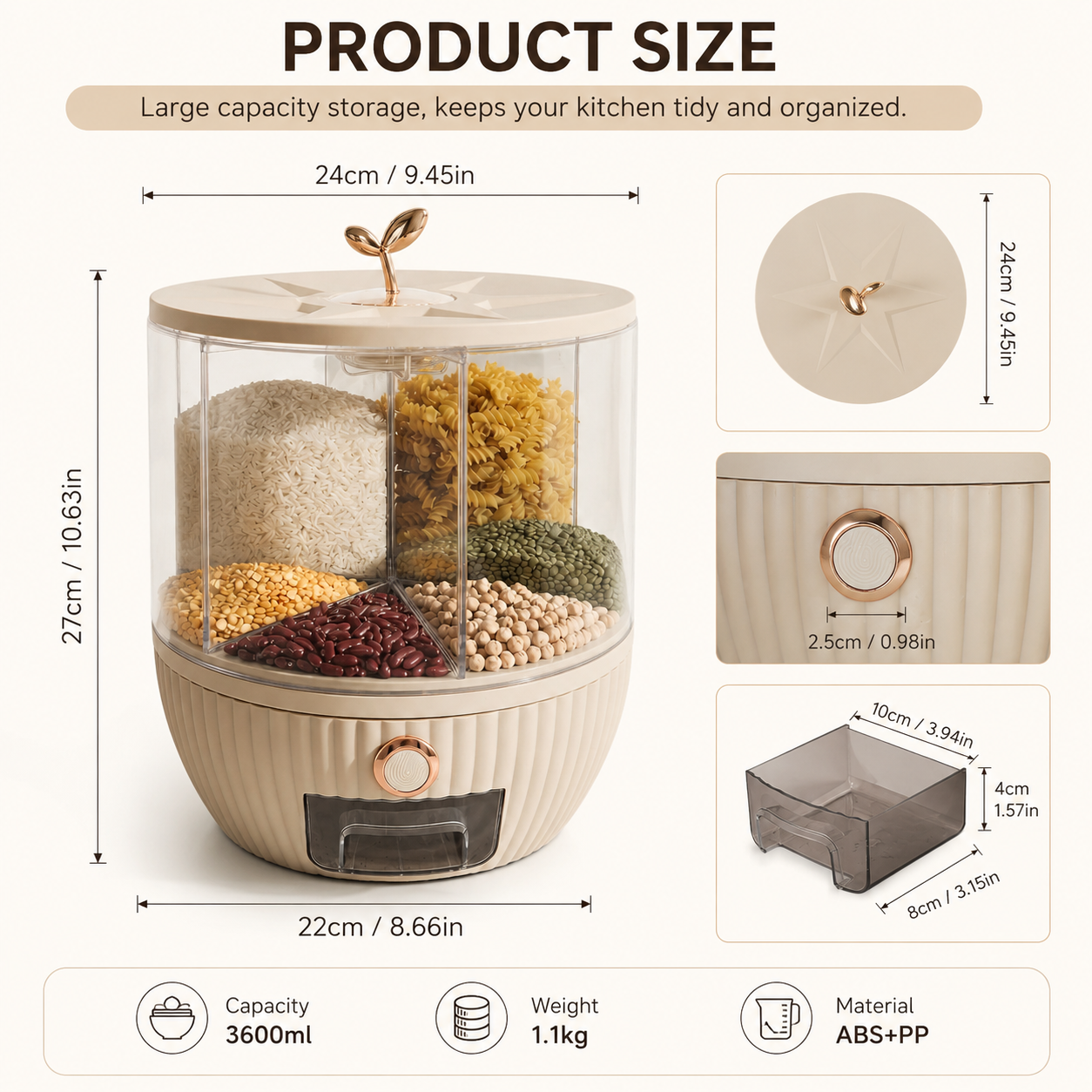 6 Grid Rotating Grain And Rice Dispenser, 360° Rotating Grain Storage Dispenser, Multi Compartment Food Dispenser, Large Capacity Kitchen Grain Dispenser