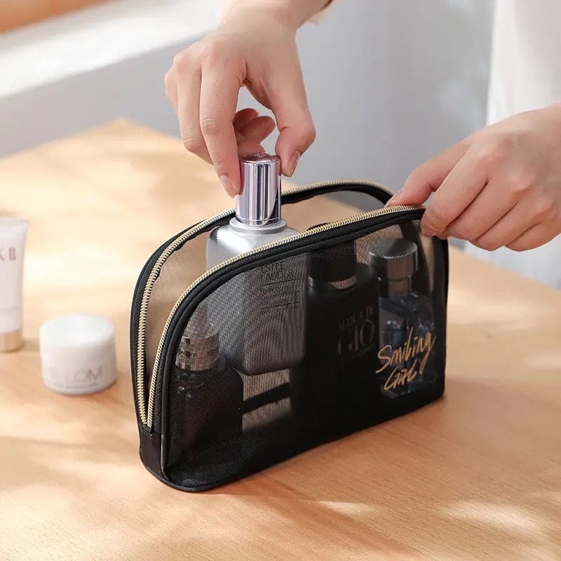 Black Mesh Cosmetic Bag, Transparent Travel Zipper Pouch, Women Beauty Case, Smiling Girl Cosmetic Bag, Travel Storage Bag, Toiletry Bags Makeup Pouch, Fashion Makeup Small Pouch For Women, Multifunctional Large Capacity Toiletry Hand Bag
