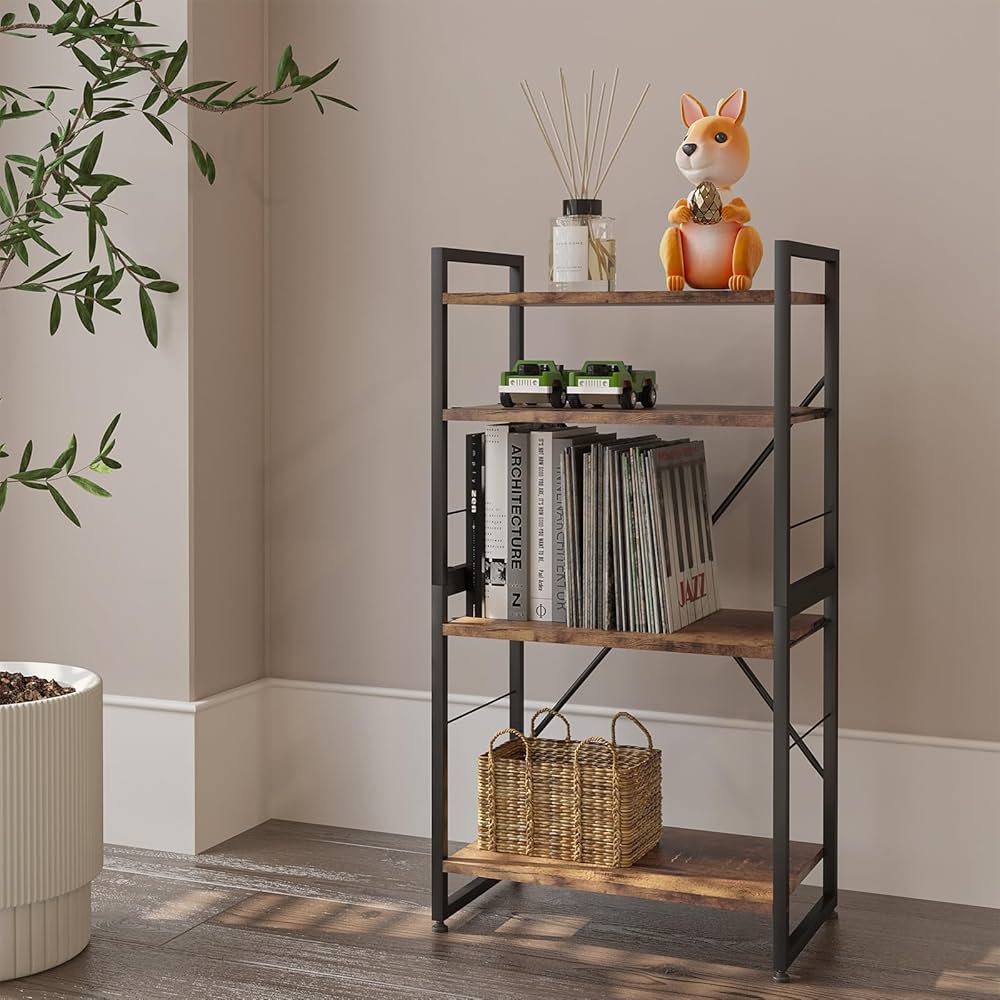 4-Tier Iron Frame Wooden Bookshelf Storage, Multi Layer Storage Rack, Multifunction Kitchen Storage Rack