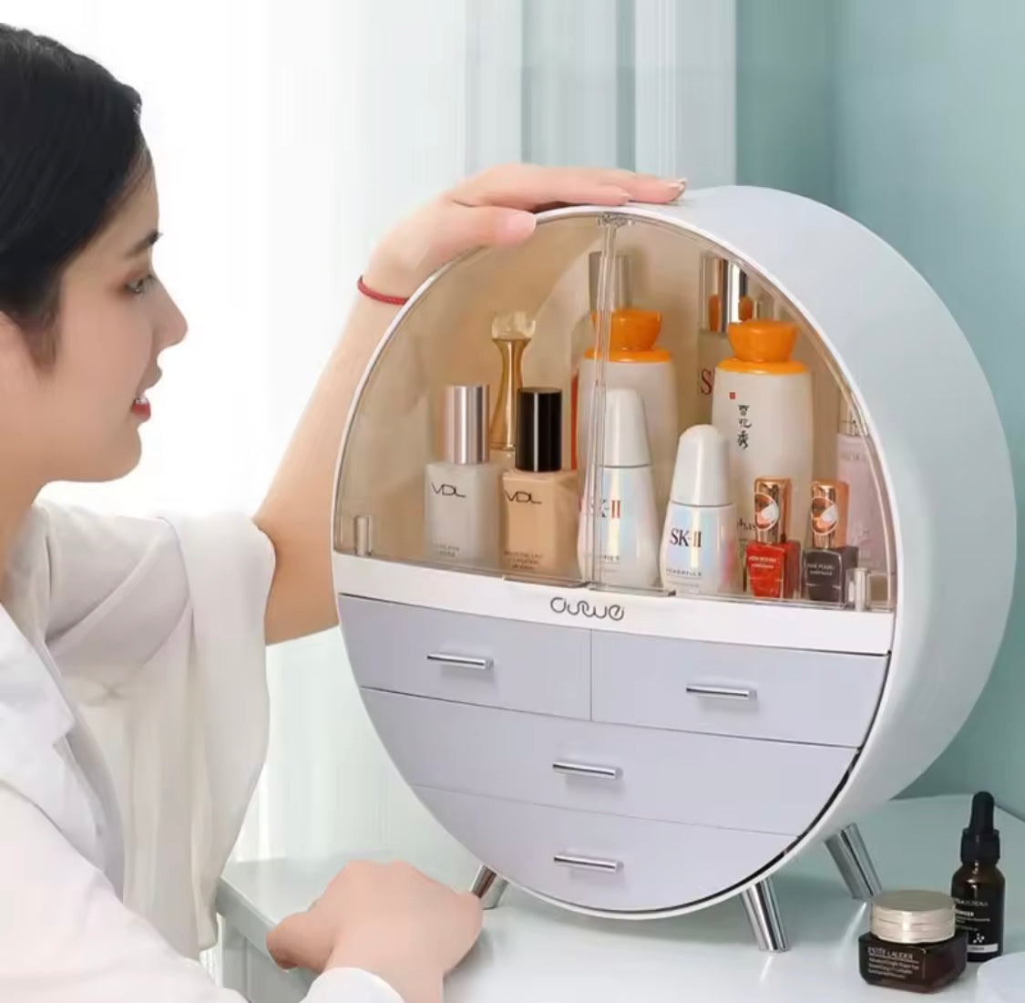Oval Shape Cosmetic Organizer With Drawer, Makeup Sundries Storage Organizer, Cosmetic Display Case, Dust Proof Storage Rack