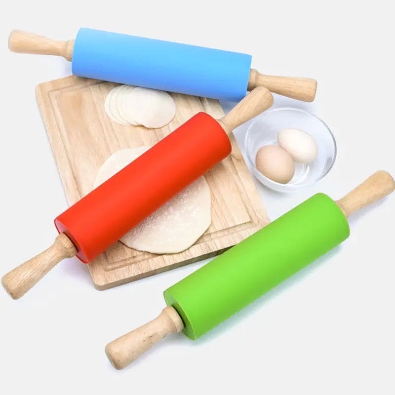 Silicone Dough Roller, Wooden Handle Dough Roller, Dumpling Skin Pressing Flour Stick Baking Tool, Kitchen Roti Belan, Non Stick Surface Baking Roller, Kitchen Cooking Accessories