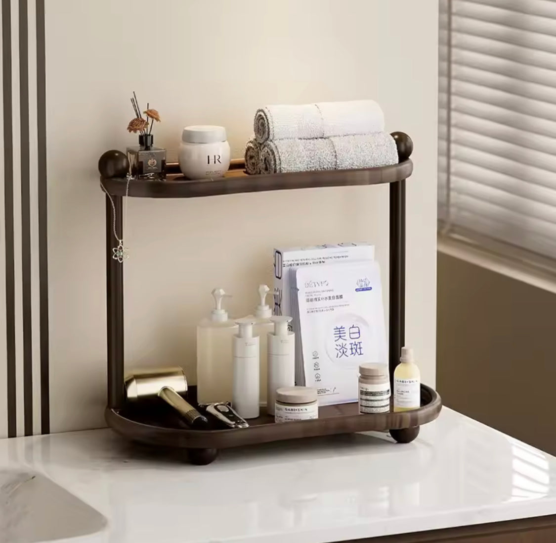 2 Tier Retro Storage Shelf, Space Saving Desktop Cosmetics Organizer, Bathroom Storage Rack