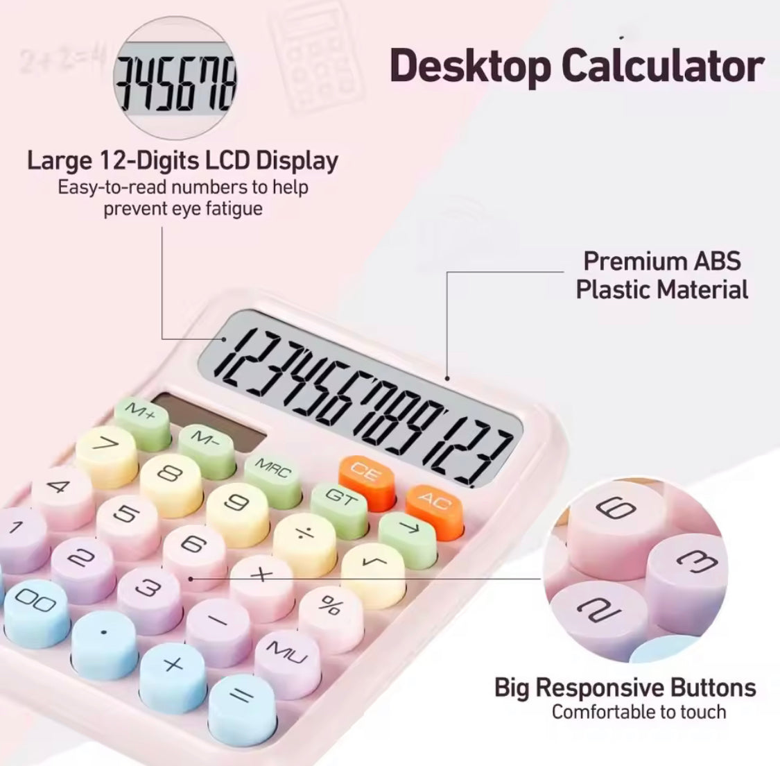 Big Buttons Large LCD Display Calculators, Cute 12 Digits Mechanical Switch Calculator, Kids LCD Display Calculator