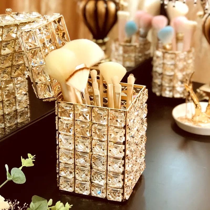 Luxury Treasure Makeup Box, Light Luxury Crystal Lipstick Box, Cosmetic Jewelry Box, Crystal Pen Tissue Box, Crystal Tray With Cover, , Desktop Eyebrow Pencil Storage Bucket, Jewelry Cosmetic Organizer, Dressing Table Makeup Brush Organizer