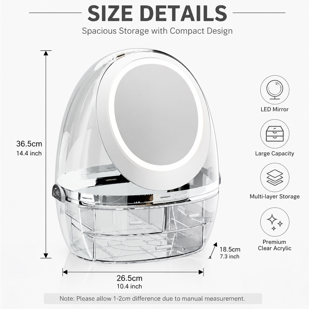 LED Makeup Organizer with Mirror And Drawers, Smart Touch LED Vanity Makeup Organizer, Transparent Makeup Organizer with 360° HD Mirror, Dust proof Cosmetic Storage Box with LED Mirror