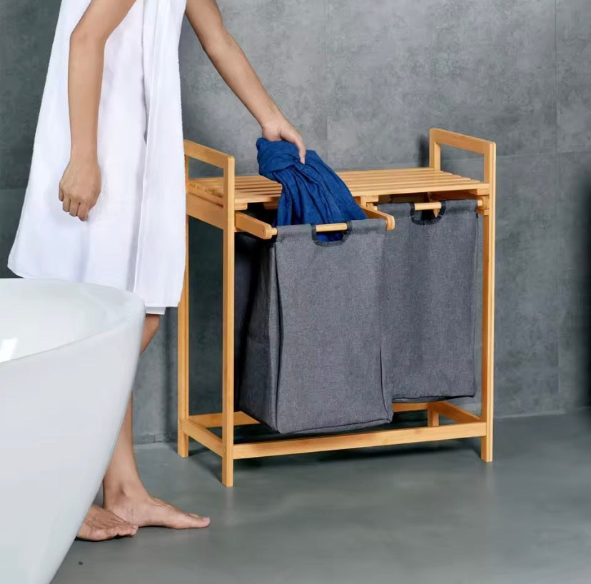 Bamboo Laundry Hamper With Shelf, Dual Compartments Laundry Basket, Multipurpose Storage Rack With Laundry Bags