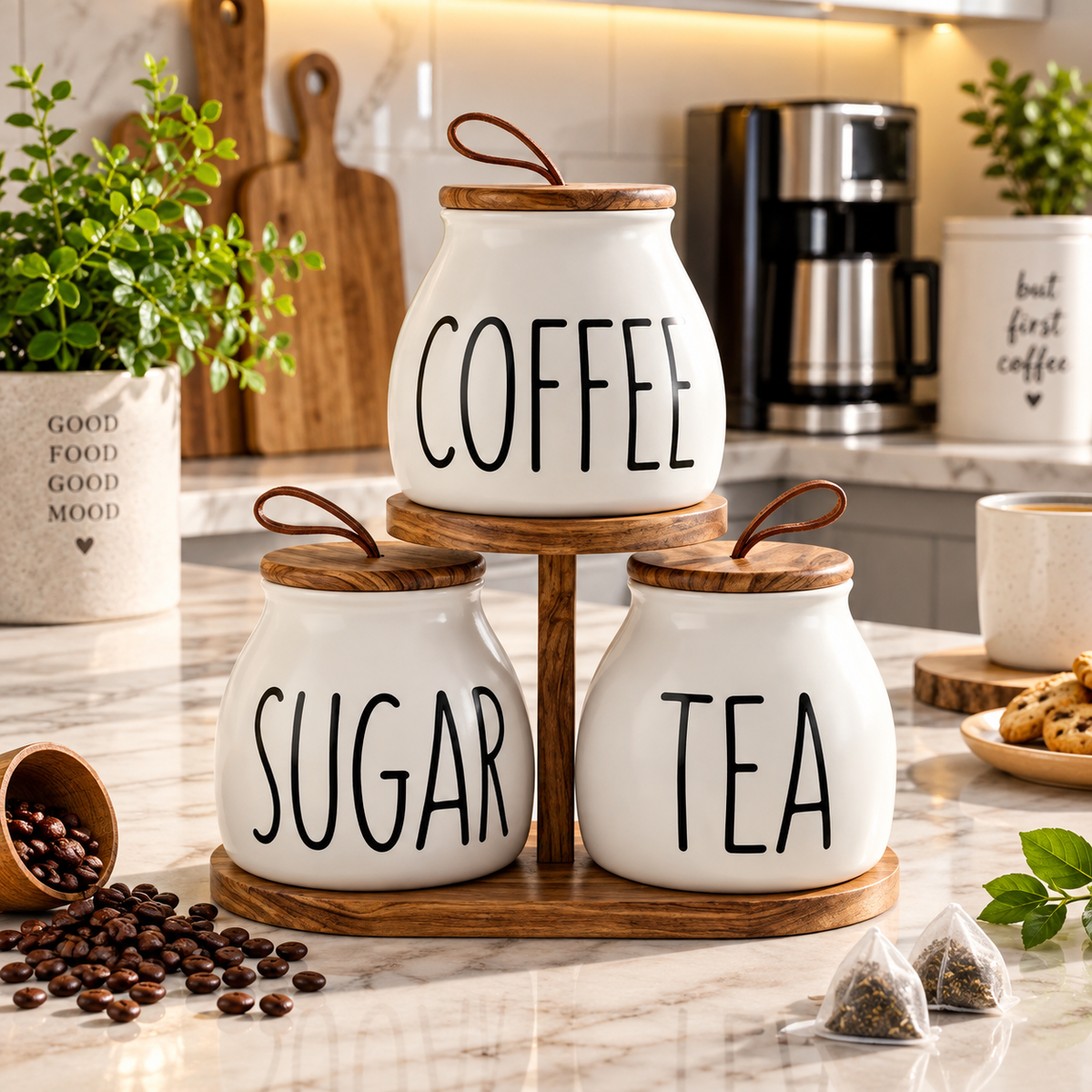 3pcs Coffee Sugar Canister with Wooden Stand, Elegant Tea Coffee Sugar Container Set, Ceramic Kitchen Storage Jars with Wooden Lids, Tea Coffee Sugar Jar Set with Wooden Rack