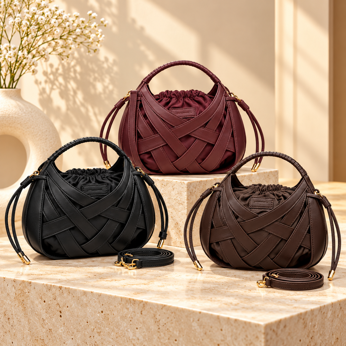 Luxe Woven Crisscross Handbag with Shoulder Strap