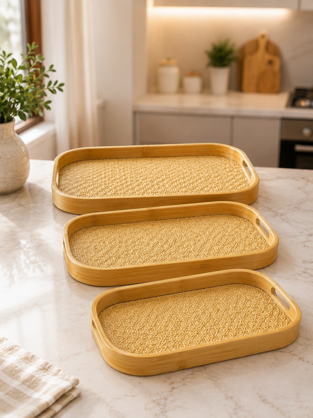 3pcs Bamboo Serving Tray Set, Bamboo Serving & Display Tray Set, Woven Design Bamboo Serving Trays, Natural Bamboo Breakfast & Serving Tray Set