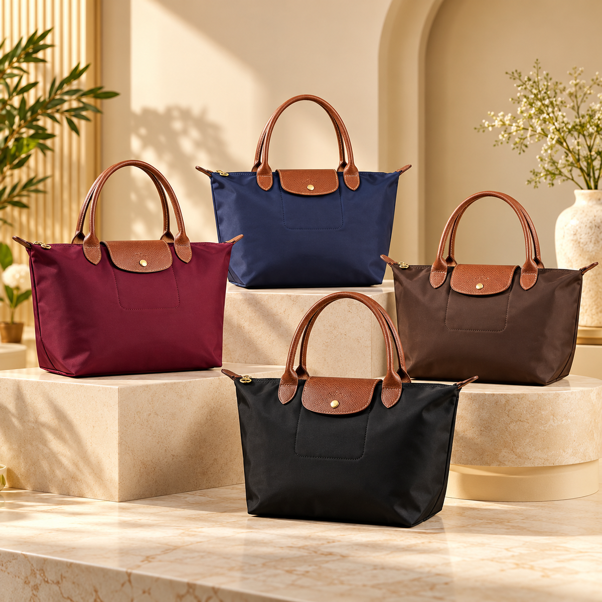 Nylon Tote Bag with Leather Handles, Everyday Shoulder Tote Bag, Large Capacity Tote Bag, Women’s Lightweight Travel Tote Bag